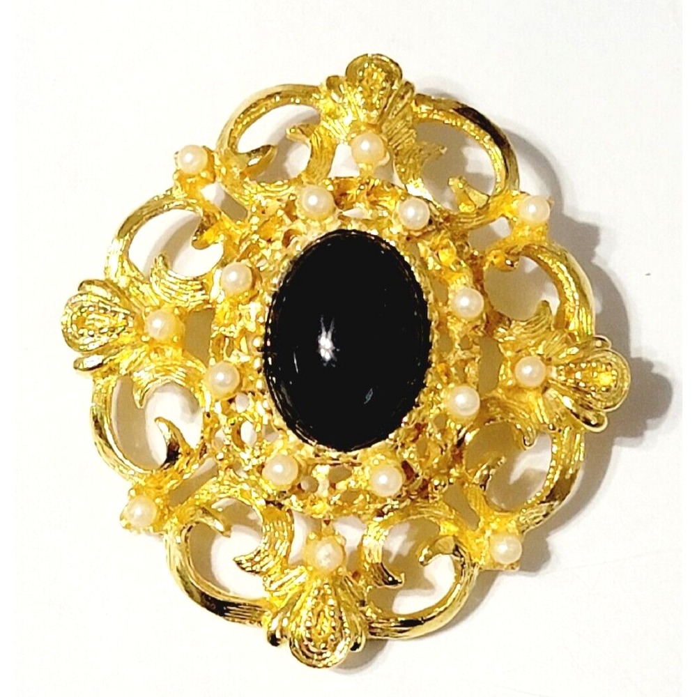 Vintage Gold Brooch Pin Oval Black Cabochon Faux Pearl Statement